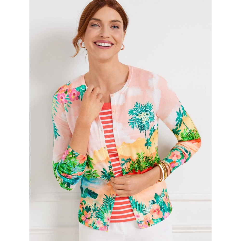 Talbots Charming Cardigan Sunset Horizon Size XS Tropical Resort Coastal Preppy